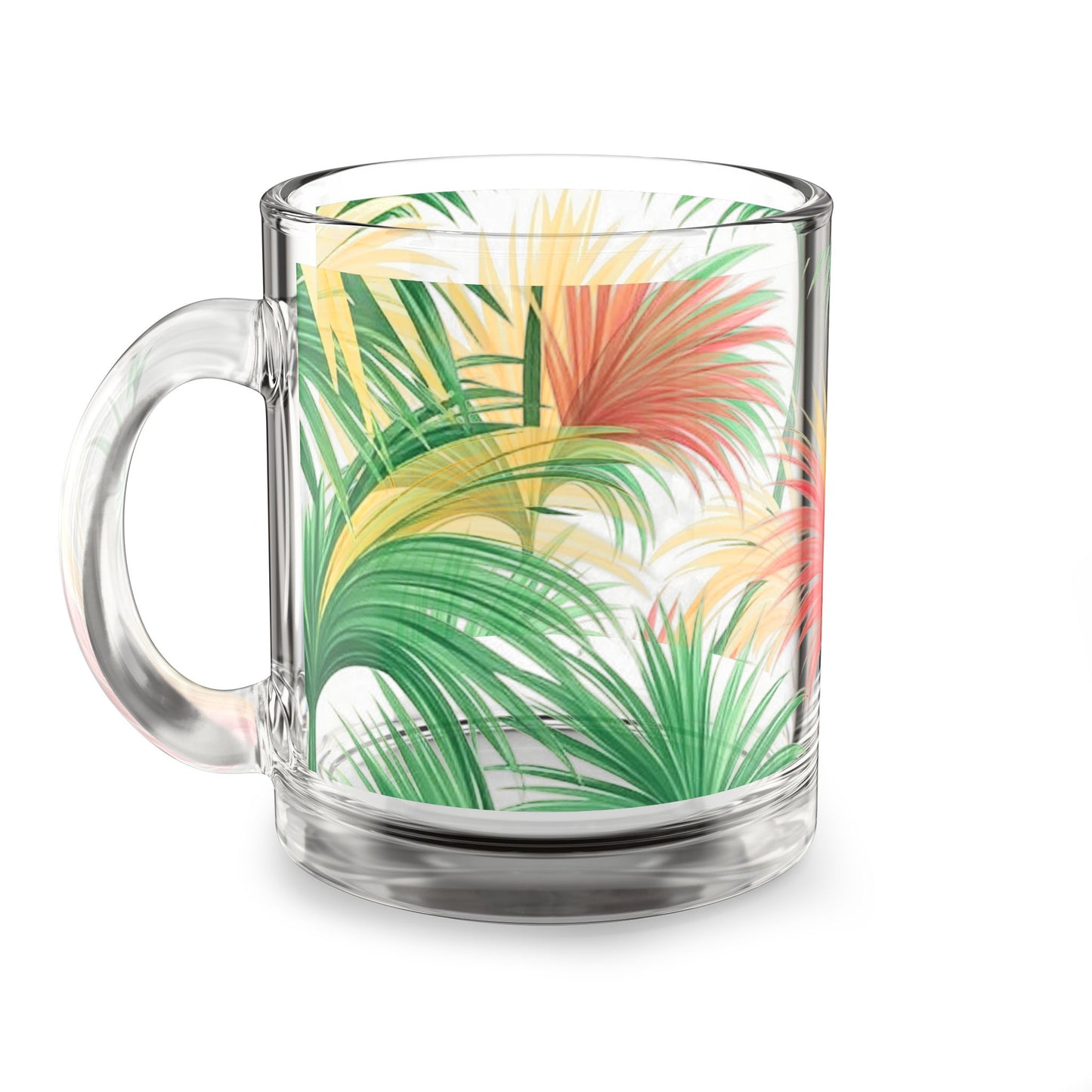Tropical Glass Mug - 10oz Coffee Cup / Tri-Color Bright Palms