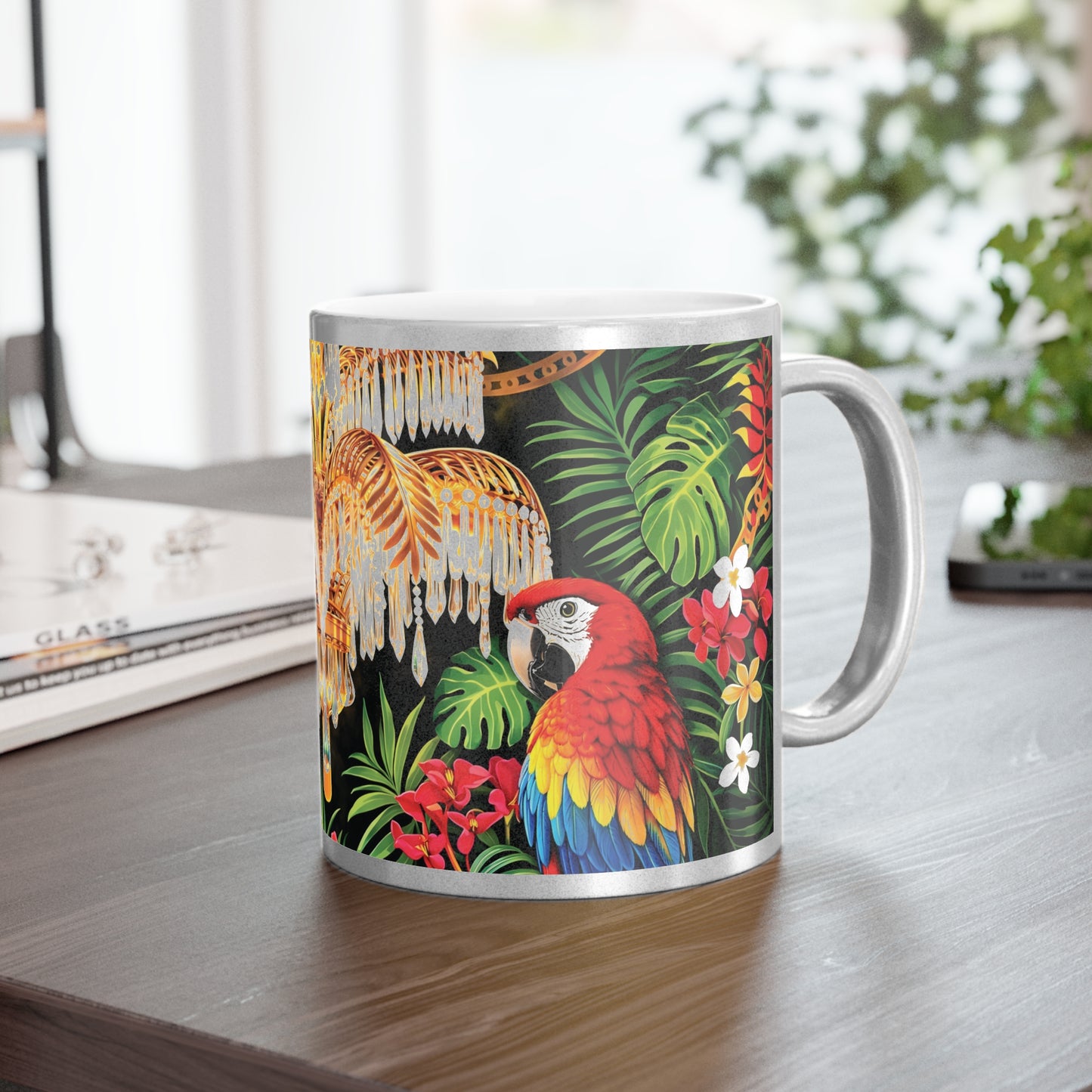 Tropical Chandelier Metallic Mug — Gold & Silver Floral Travel Coffee Cup