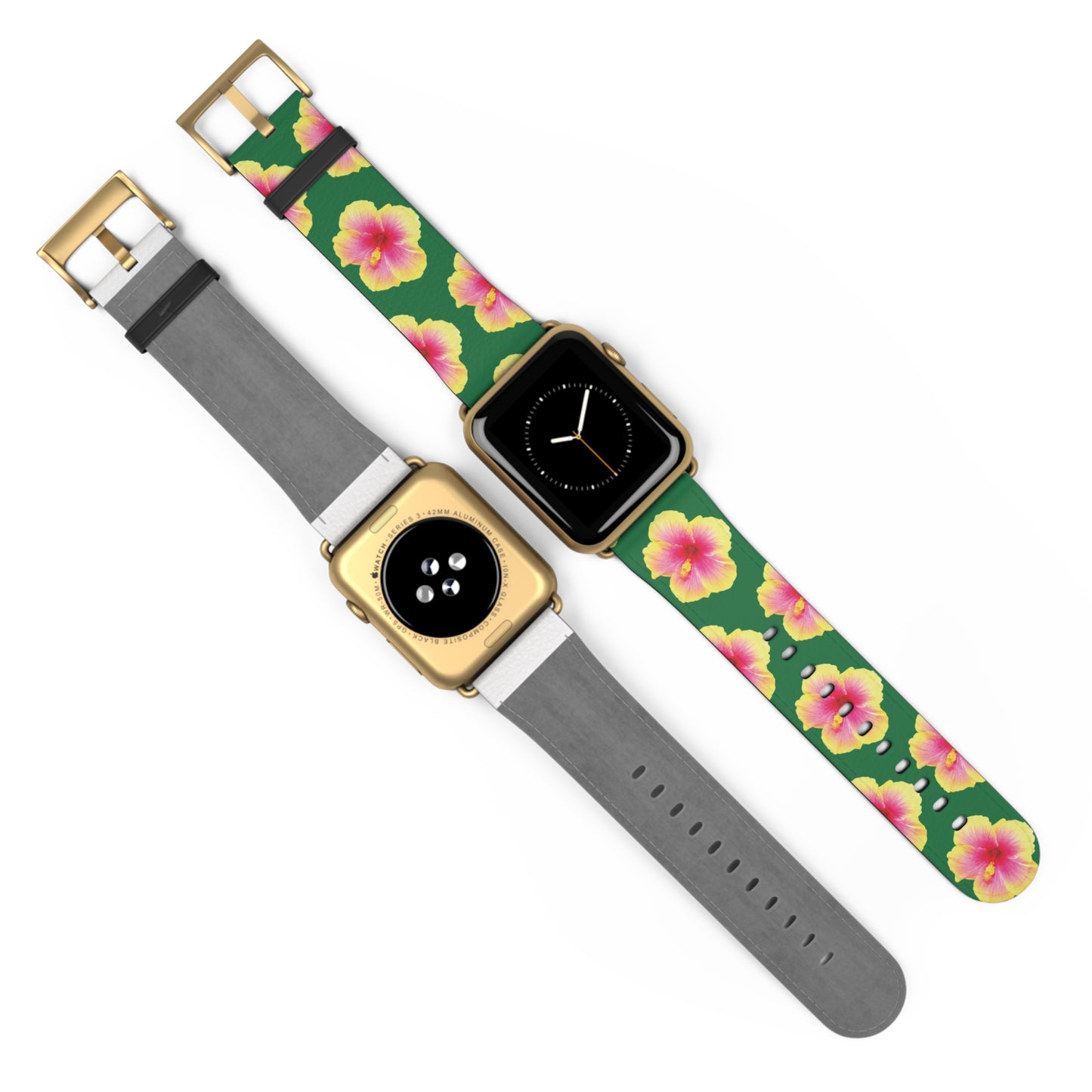 Apple Watch Band - REAL Yellow/Orange Hibiscus Flower, Dark Green