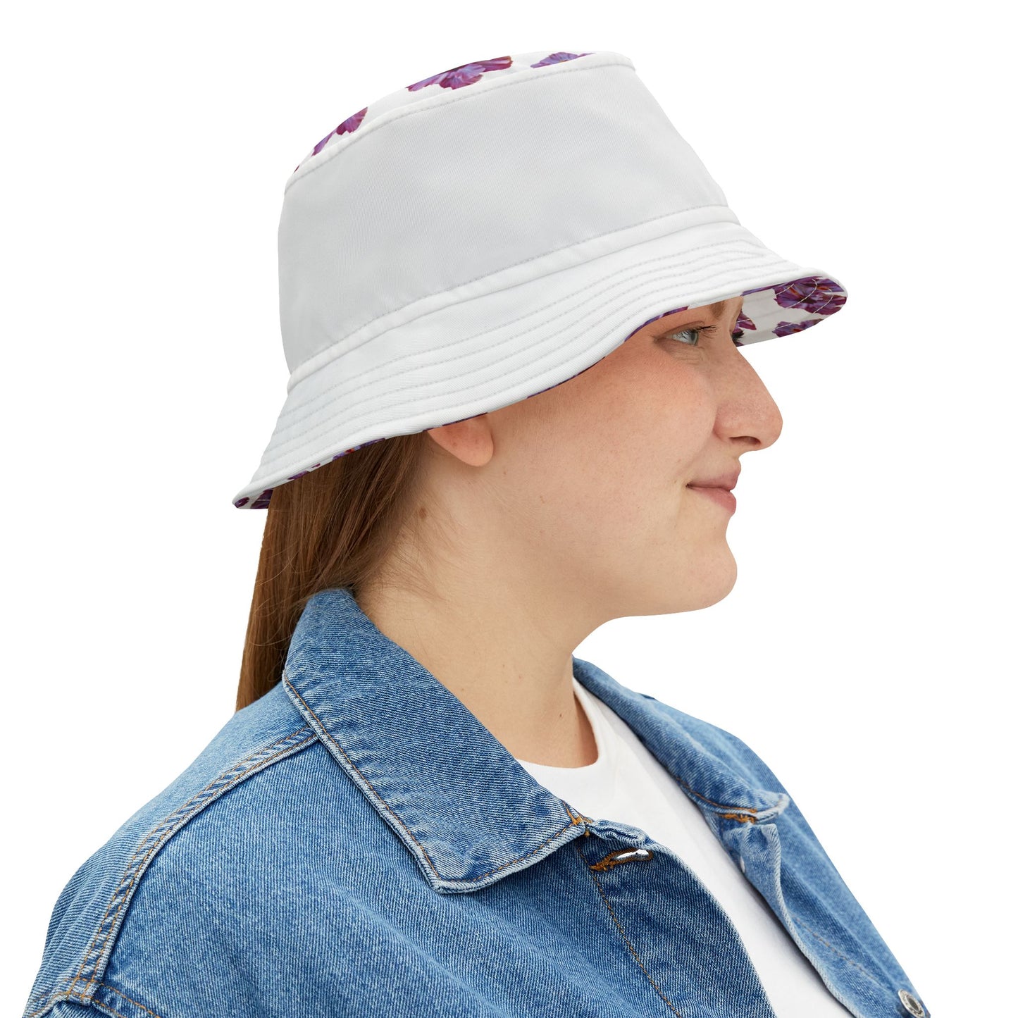 Tropical Polyester Bucket Hat, 2 Sizes - Purple Hibiscus/White