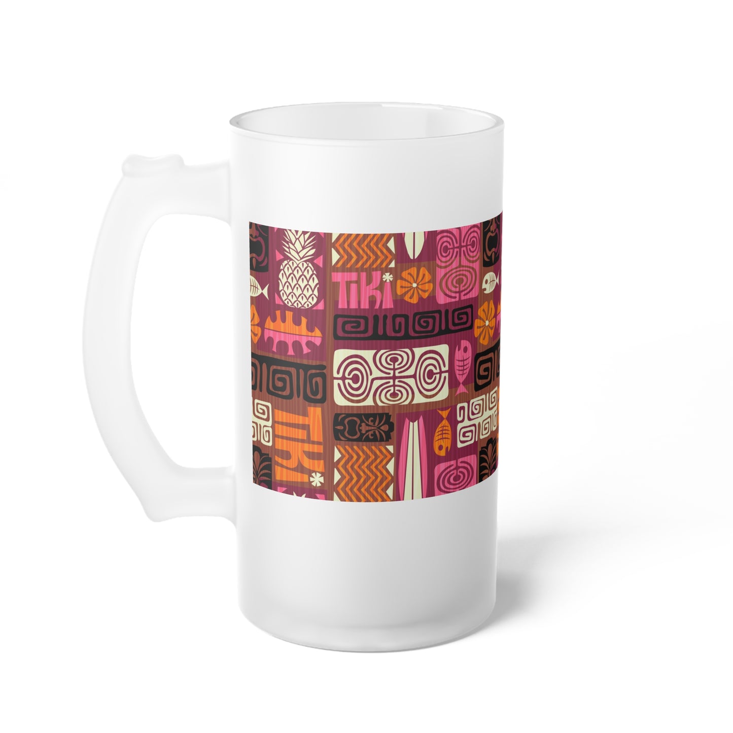 Frosted Glass Beer Mug, Tiki Poster Pink/Orange