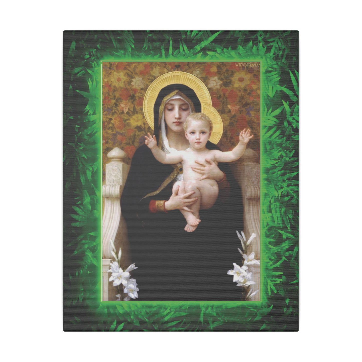 "Tropical Rainforest Madonna of Lilies" Religious Canvas Artwork - Stretched Canvas Print / Virgin Mary & Jesus