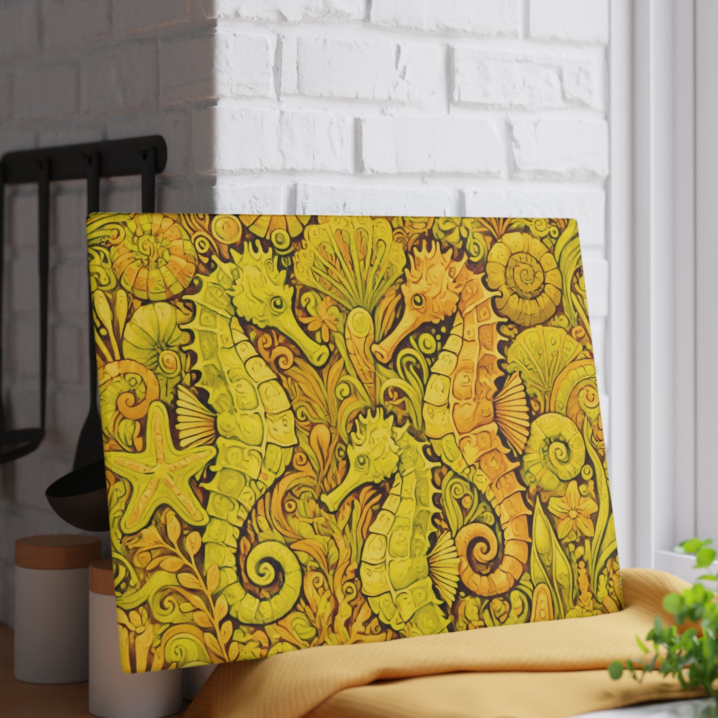 Glass Cutting Board, 2 sizes - Seahorses/Yellow