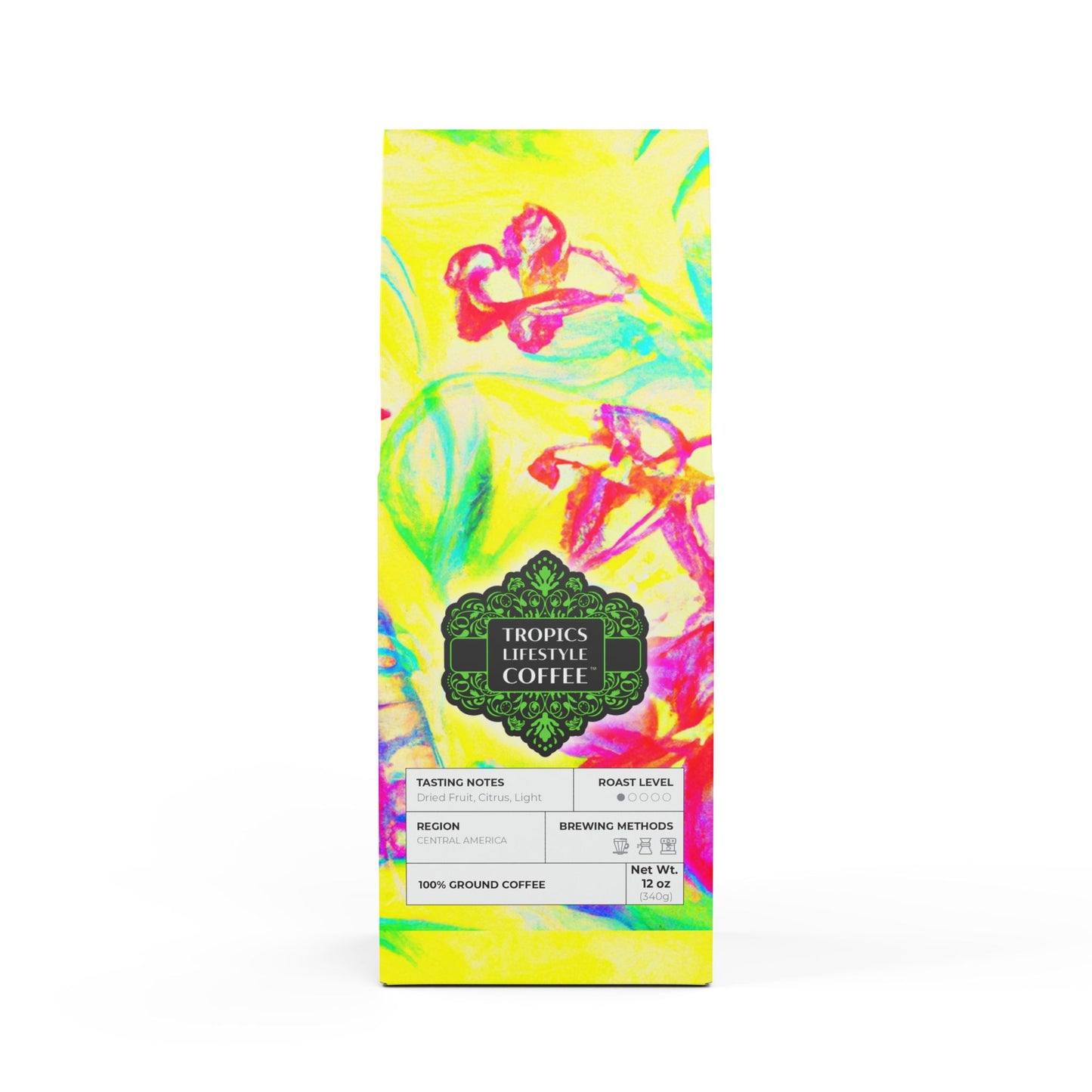 Beach Sunrise Blend™ (Light Roast) Specialty Grade Craft Coffee / Tropical Doodles, Yellow