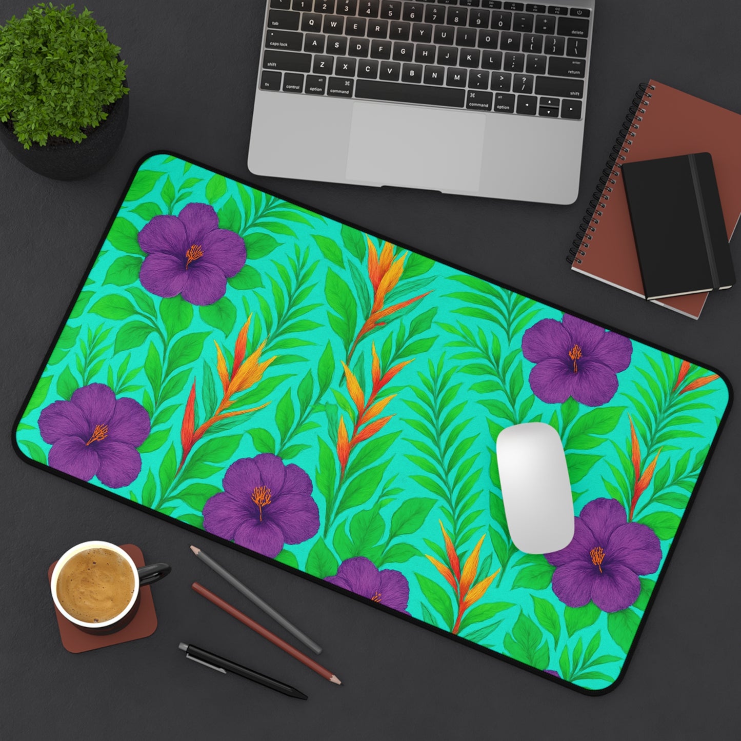 Tropical Paradise Desk Mat, 3 Sizes - Perfect for Home Office - Midnight Flower Green