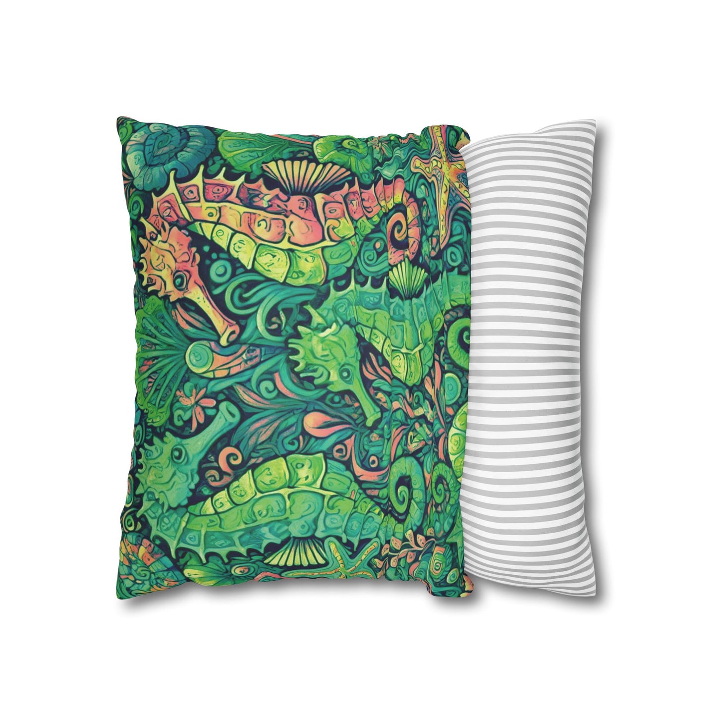 Faux Suede Square Pillowcase - Seahorse Trio/Hot Lime