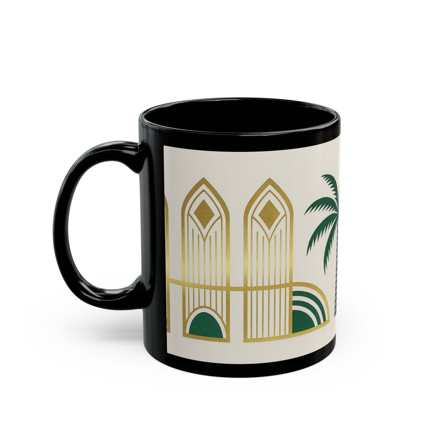 Art Deco Palm Black Mug – Tropical Vintage Coffee Cup (11oz/15oz)