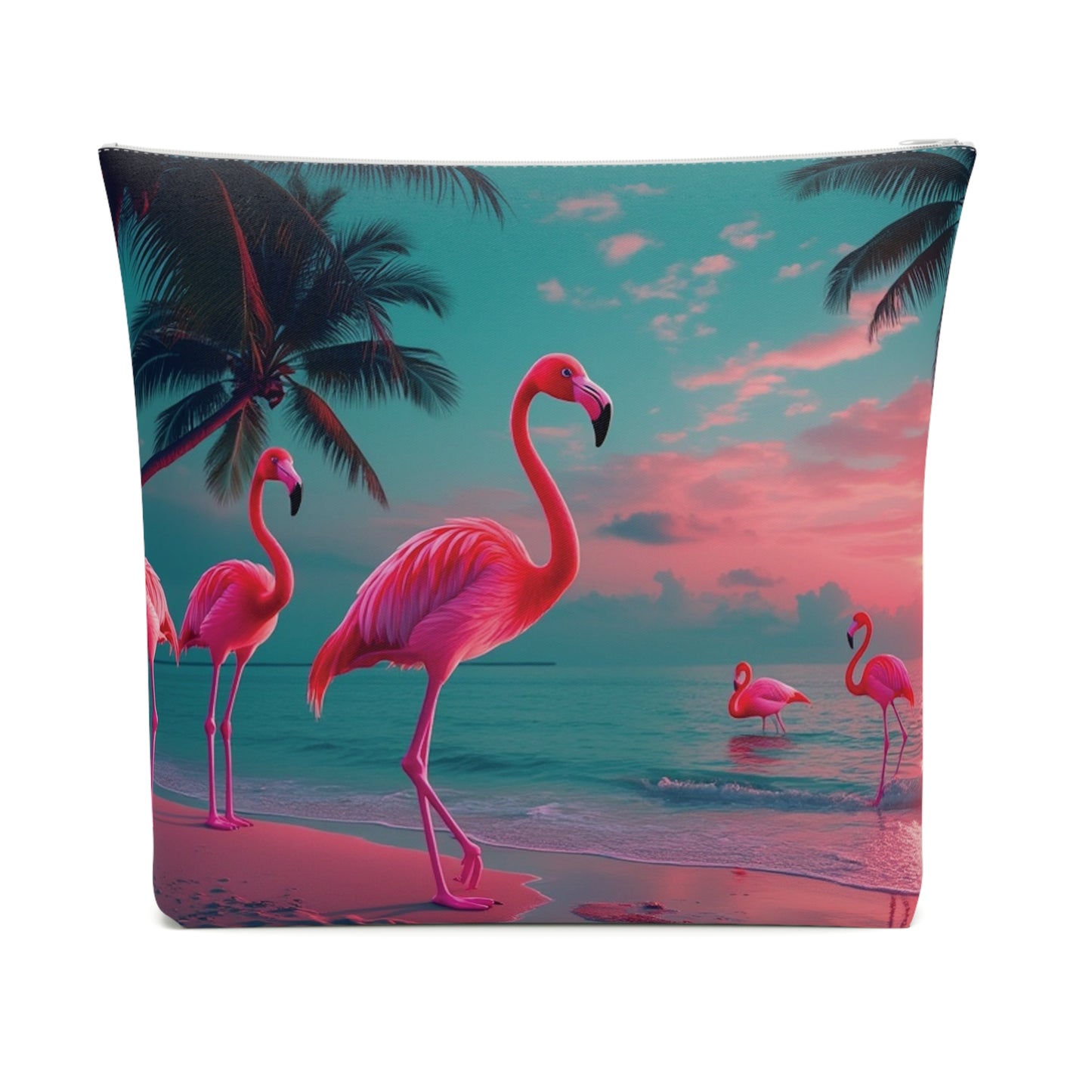 Tropical Cotton Cosmetic Bag, Makeup Pouch, 5 Sizes / Neon Flamingos at Night