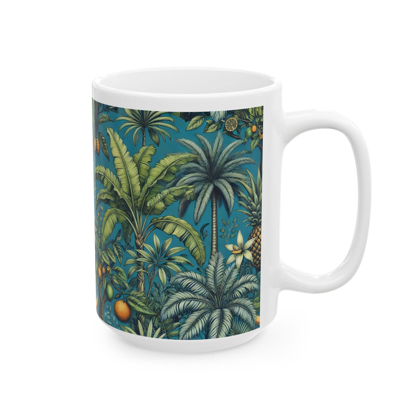 Ceramic White Mug - 11oz & 15oz, Tropical Fruit Blue