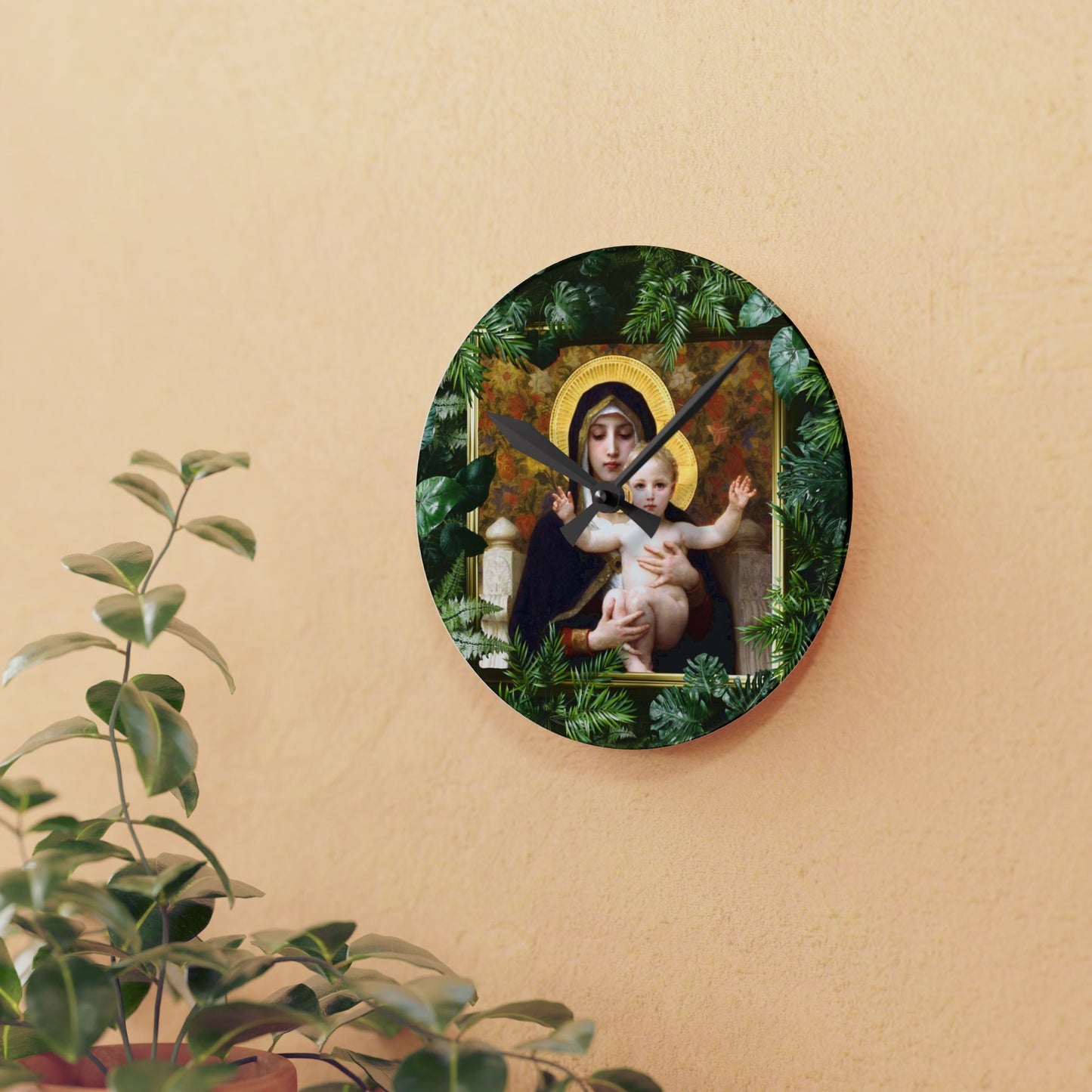 "Tropical Rainforest Madonna of Lilies" Acrylic Wall Clock - Elegant Religious Decor for Home and Office