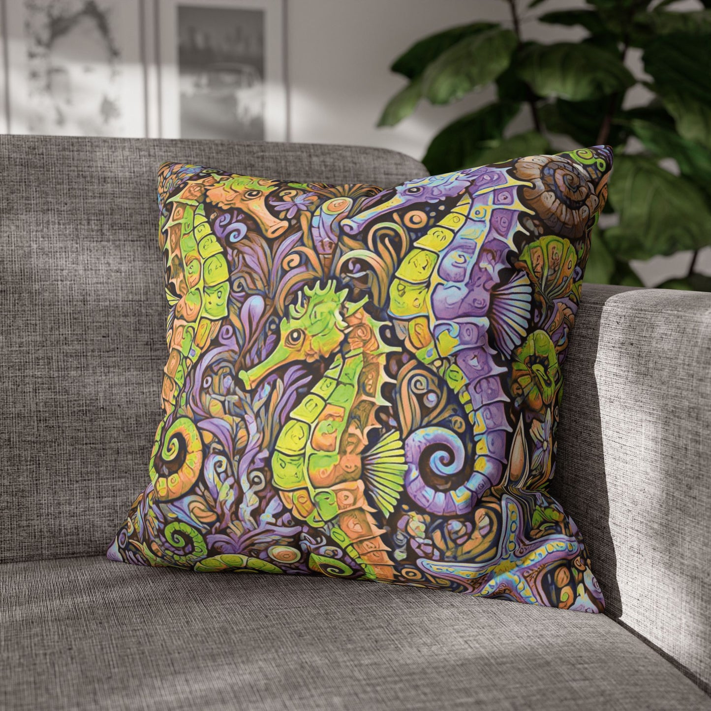 Faux Suede Square Pillowcase - Seahorse Trio, Purple
