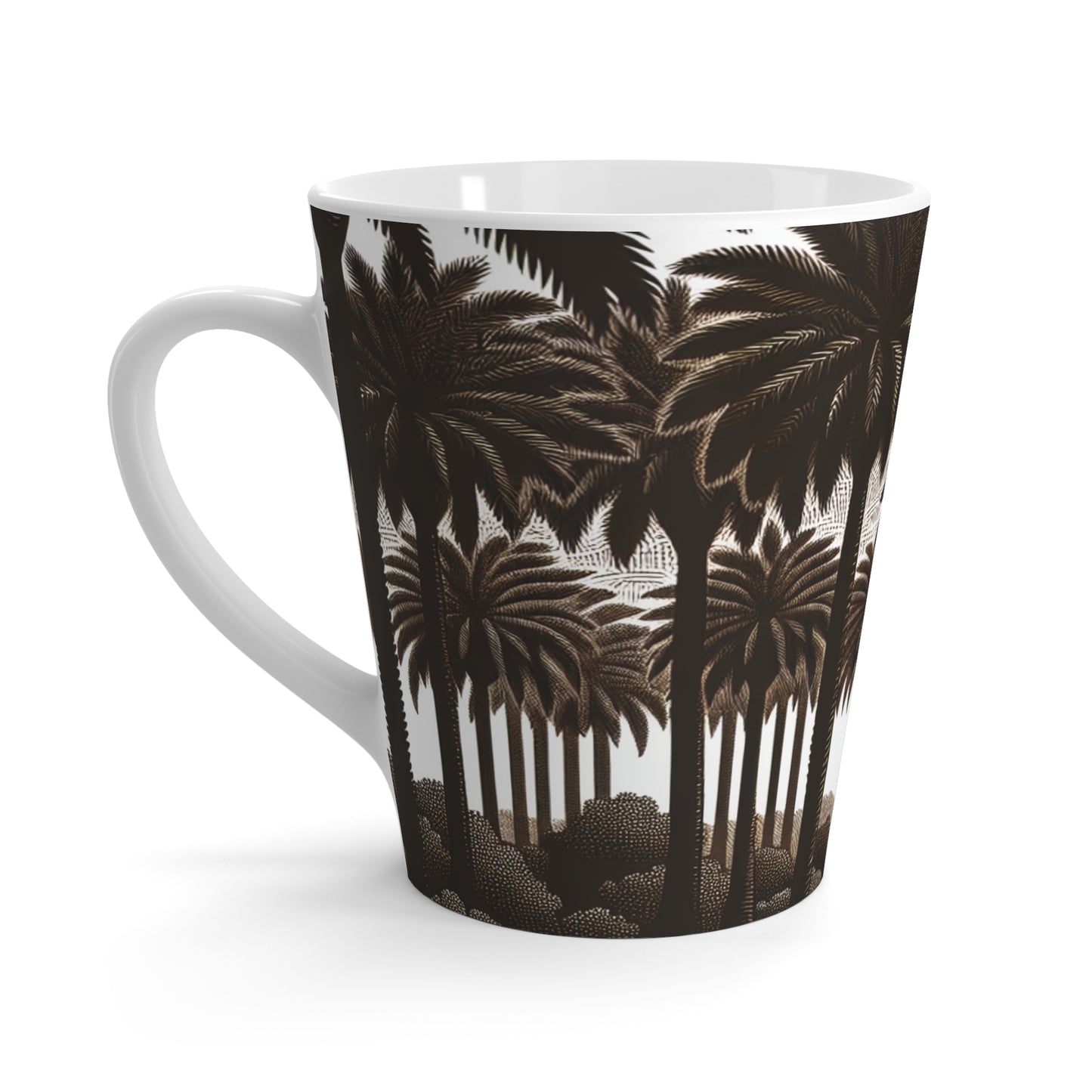 Latte White Mug - Perfect for Coffee Enthusiasts / Woodcut Palm Grove