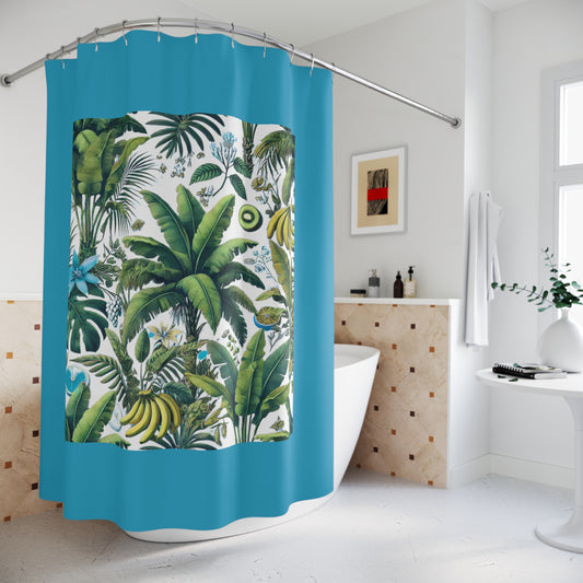Palm Tree Shower Curtain - Ocean Bathroom Decor / Tropical Fruit/White, Turquoise