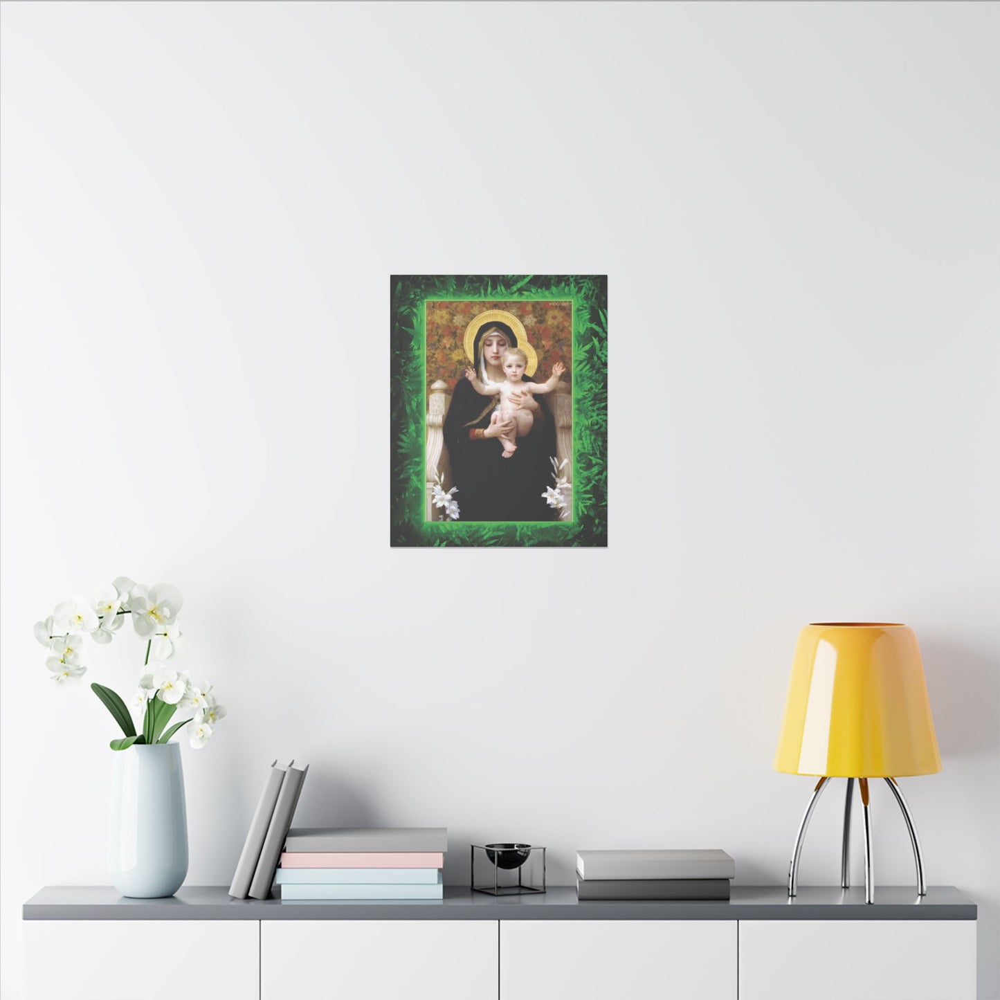 "Tropical Rainforest Madonna of Lilies" Religious Canvas Artwork - Stretched Canvas Print / Virgin Mary & Jesus