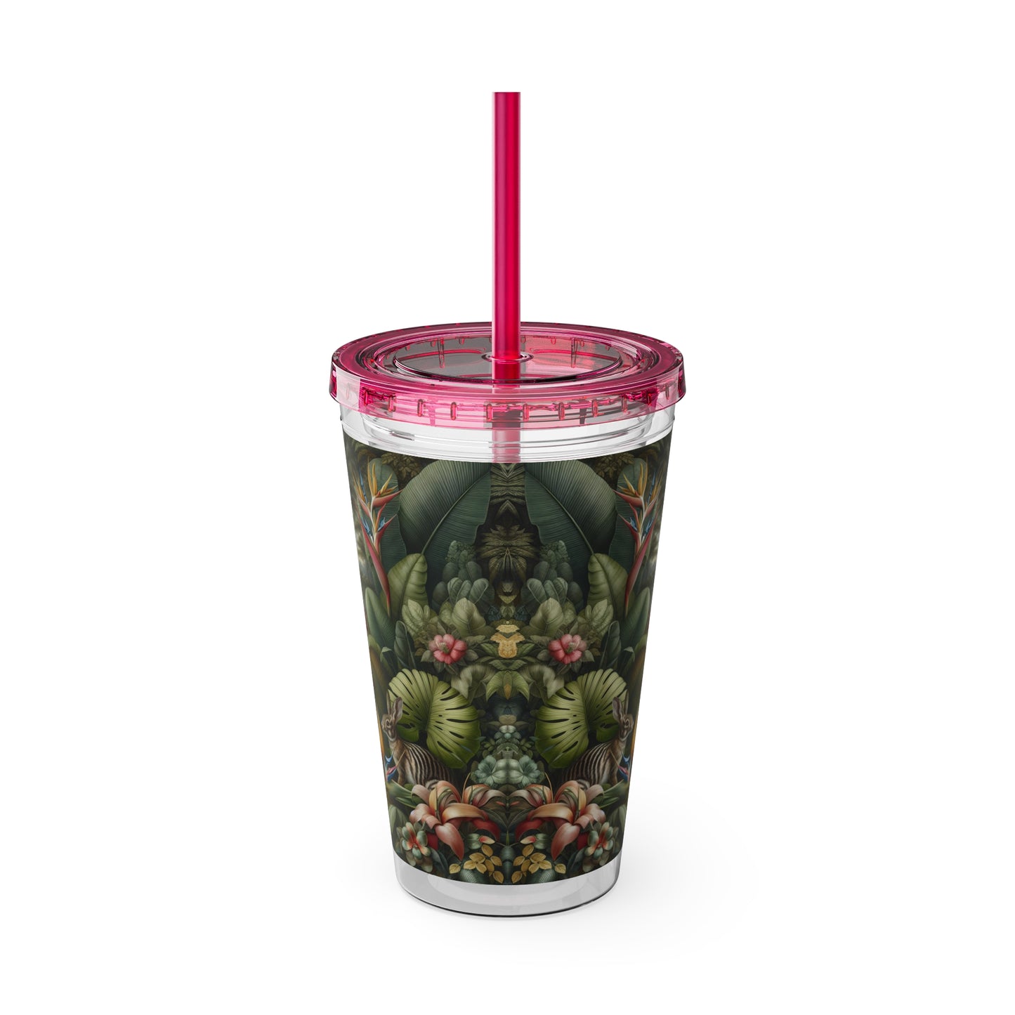 Tropical Tumbler with Straw | 16oz Colorful Travel Cup / Rainforest Rabbit Outing