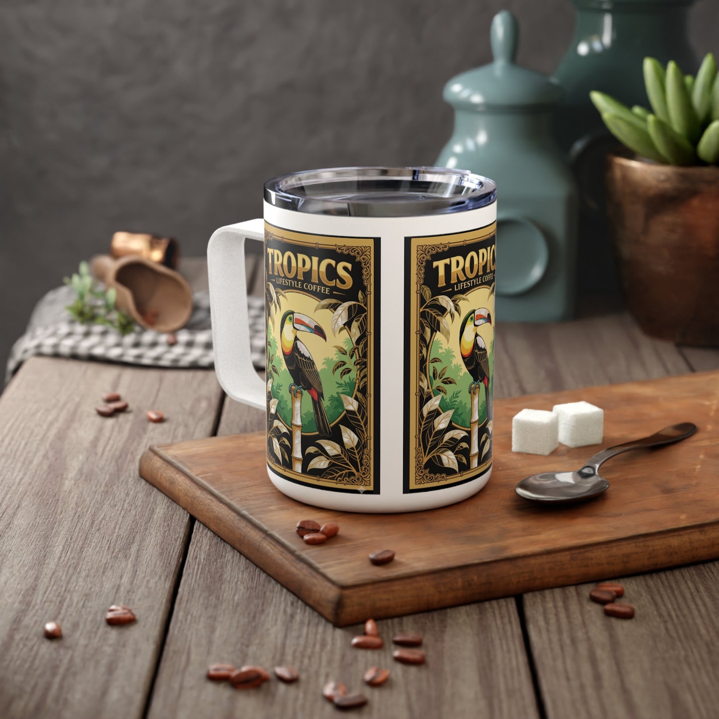 Tropical Insulated Coffee Mug, 10oz / Toucan Poster Gold Logo