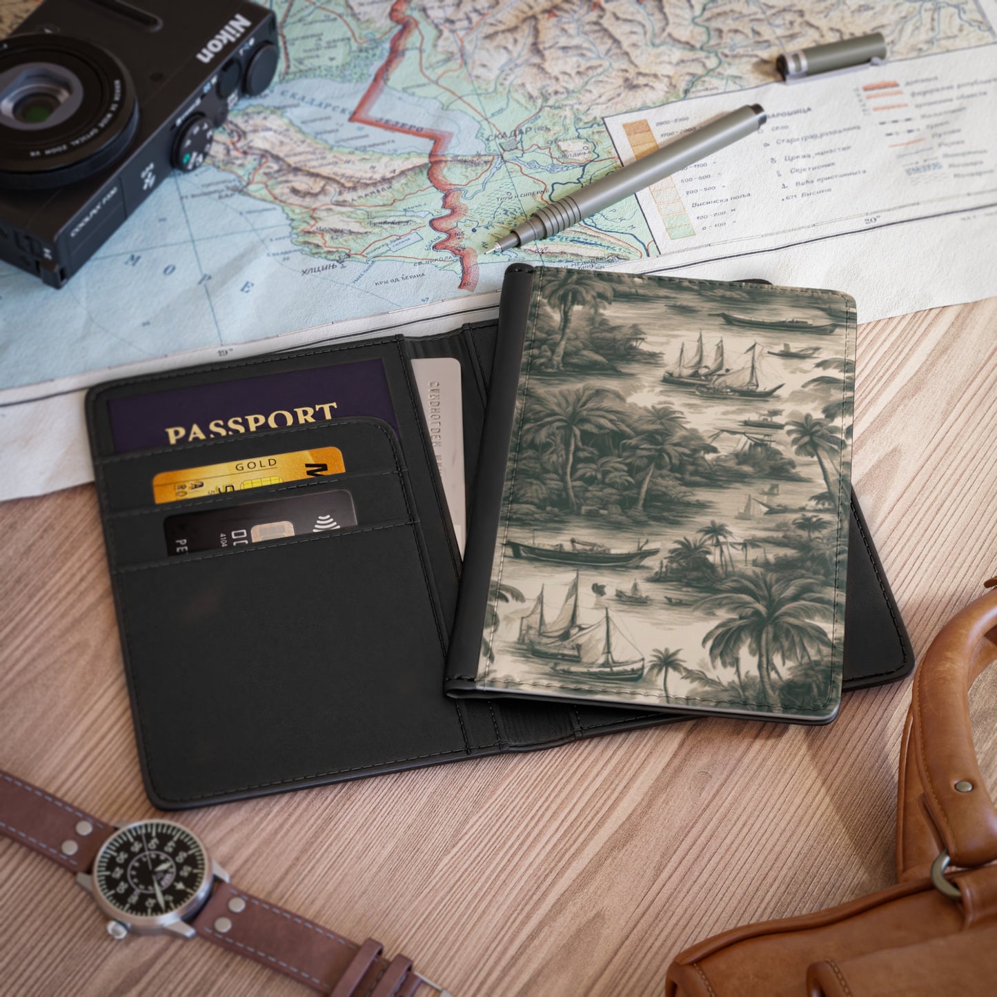 Tropical Passport Cover, Faux Leather - RFID blocking for travel security / Tropical Toile, Black