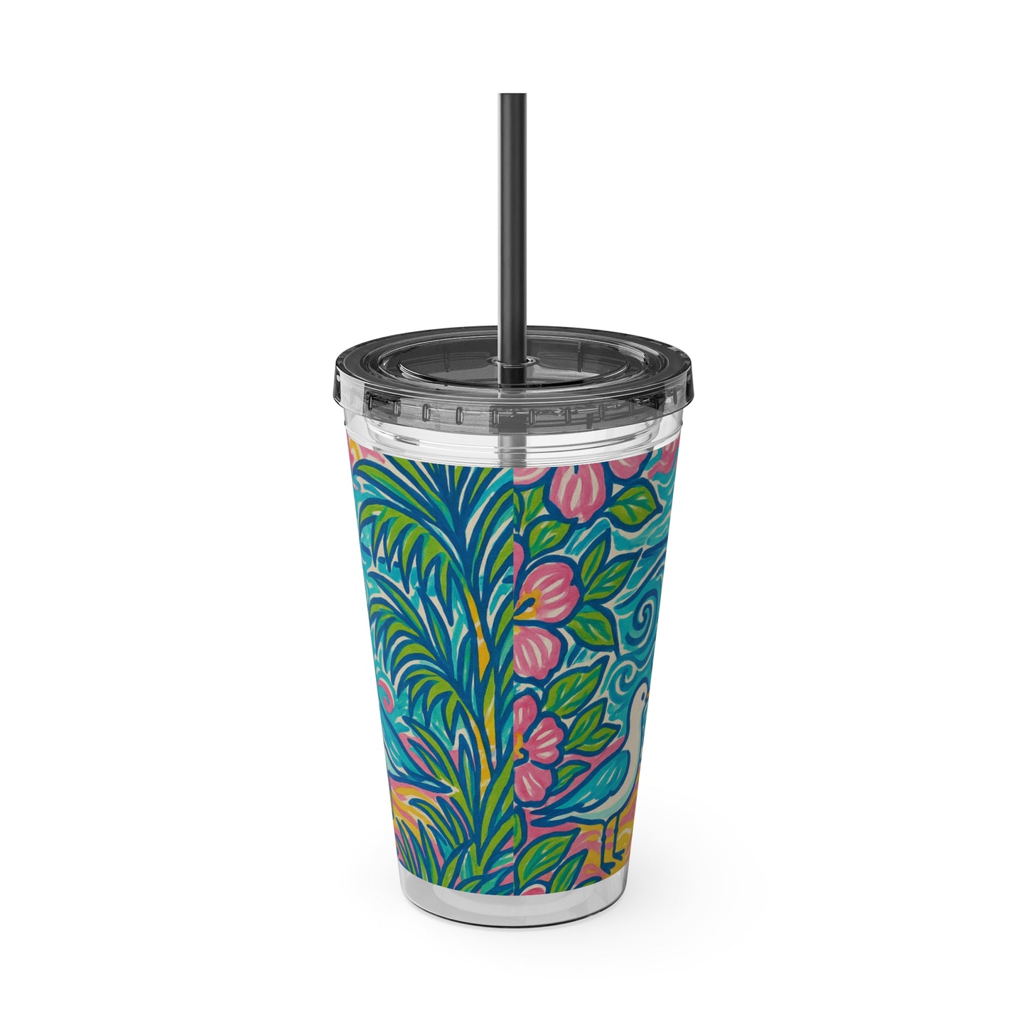Tropical Tumbler with Straw | 16oz Colorful Travel Cup / Tropical Beach Seagulls
