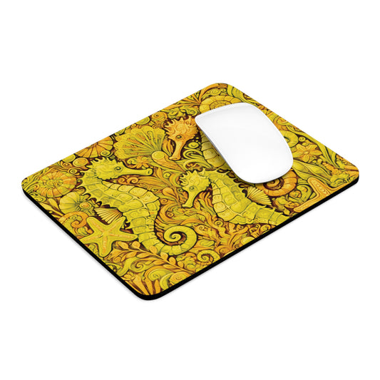 Tropical Mouse Pad, 2 Shapes - Beach Vibes for Home Office & Gamer / Seahorse Trio, Yellow