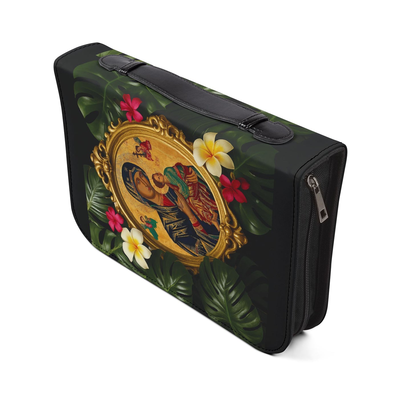 Tropical Bible Cover, Our Lady of Perpetual Help Black / Floral Bible Protector, Church Accessories