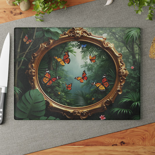 Glass Cutting Board, 2 sizes - Framed Monarch Gathering
