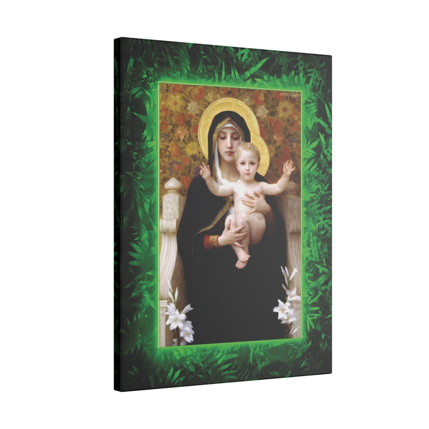 "Tropical Rainforest Madonna of Lilies" Religious Canvas Artwork - Stretched Canvas Print / Virgin Mary & Jesus