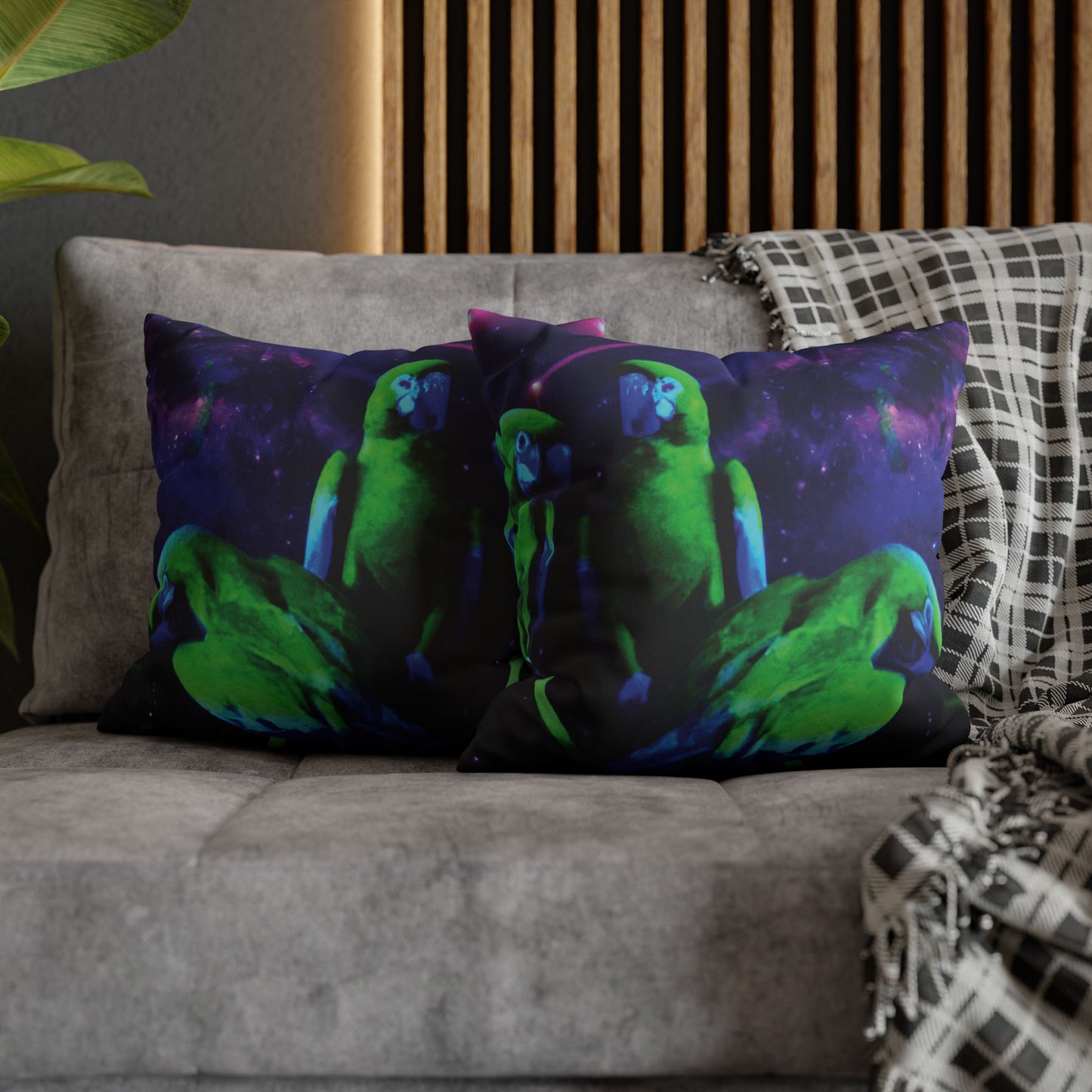 Faux Suede Square Pillowcase - Neon Parrots at Night