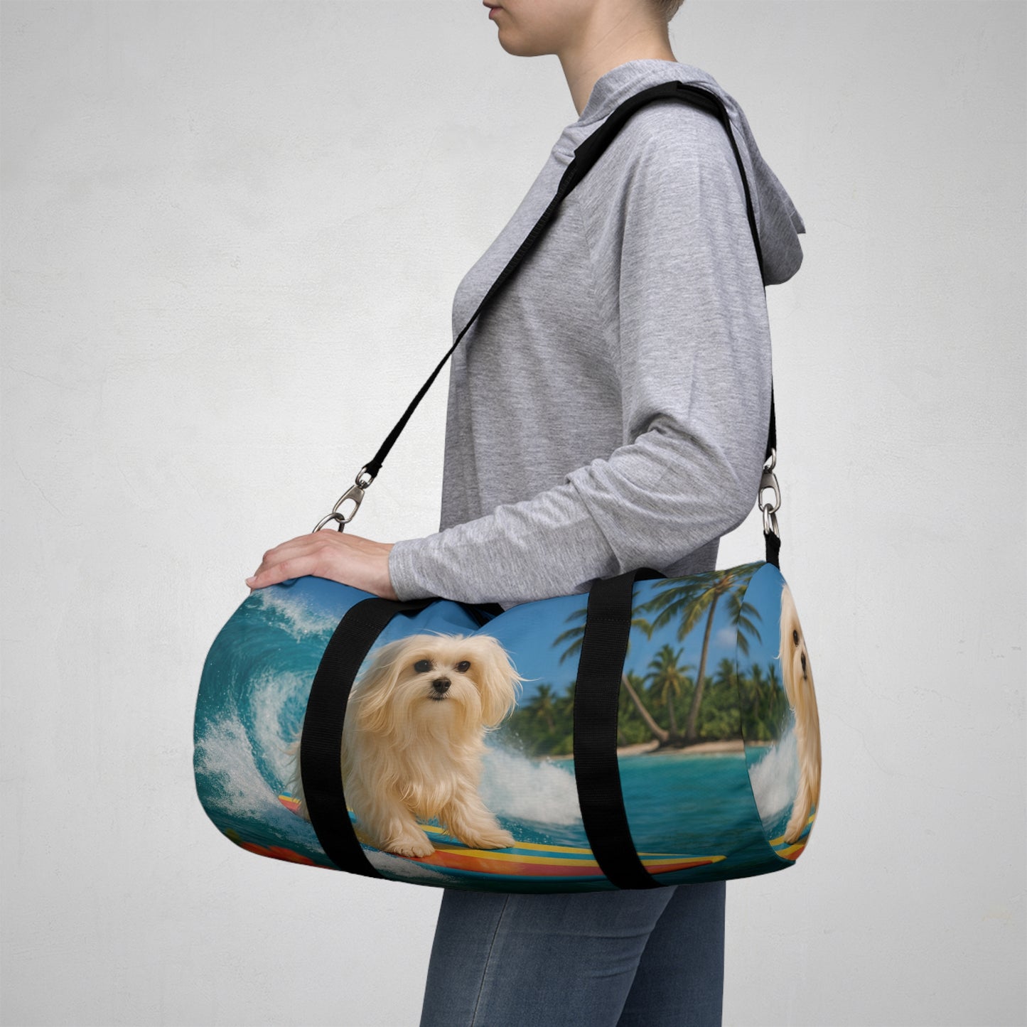 Tropical Duffel Bag - Perfect for Travel and Gym / Puppy Ariel the Surfer Dog