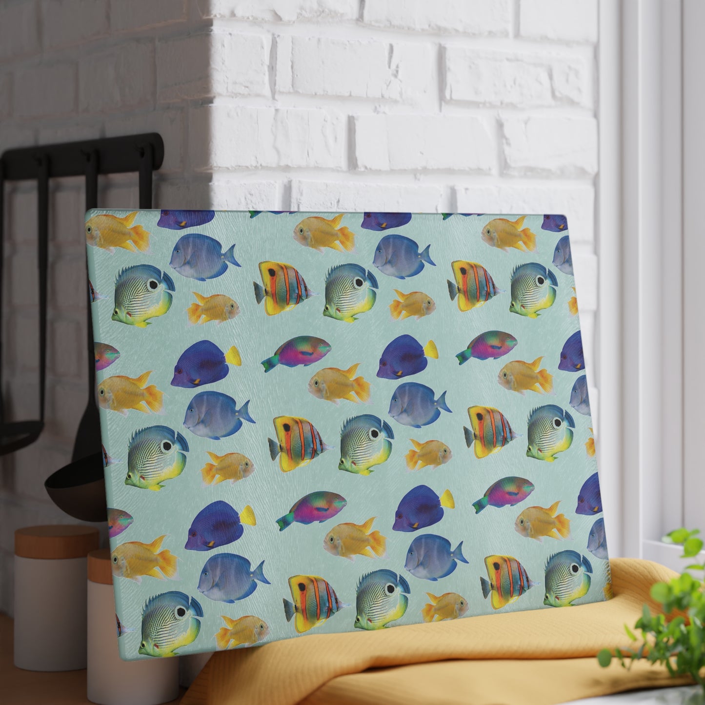 Glass Cutting Board, 2 sizes - School of Fish