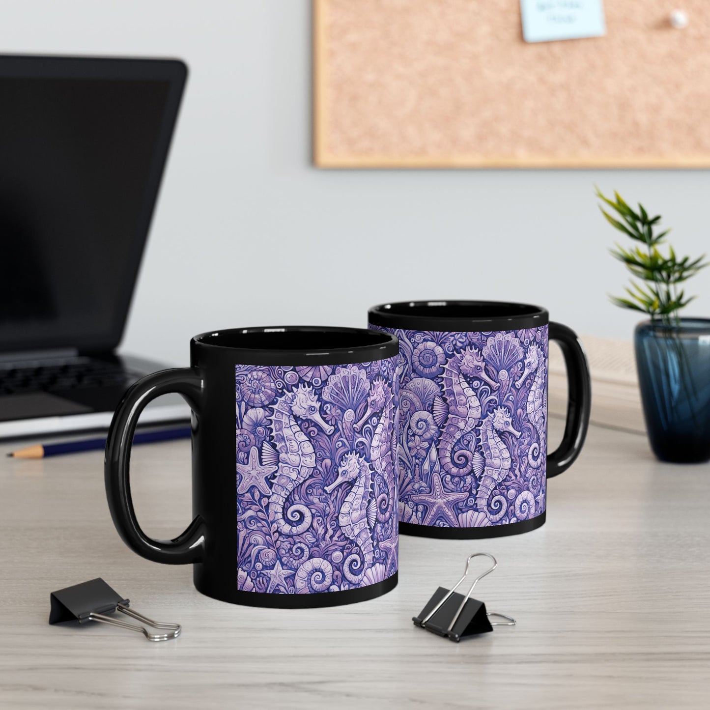 Black Coffee Mug - Seahorse Trio, Purple