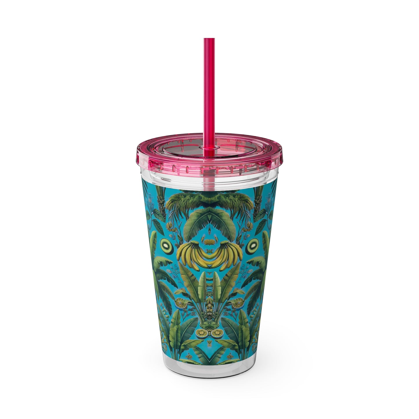 Tropical Tumbler with Straw | 16oz Colorful Travel Cup / More Tropical Fruit, Aqua Blue