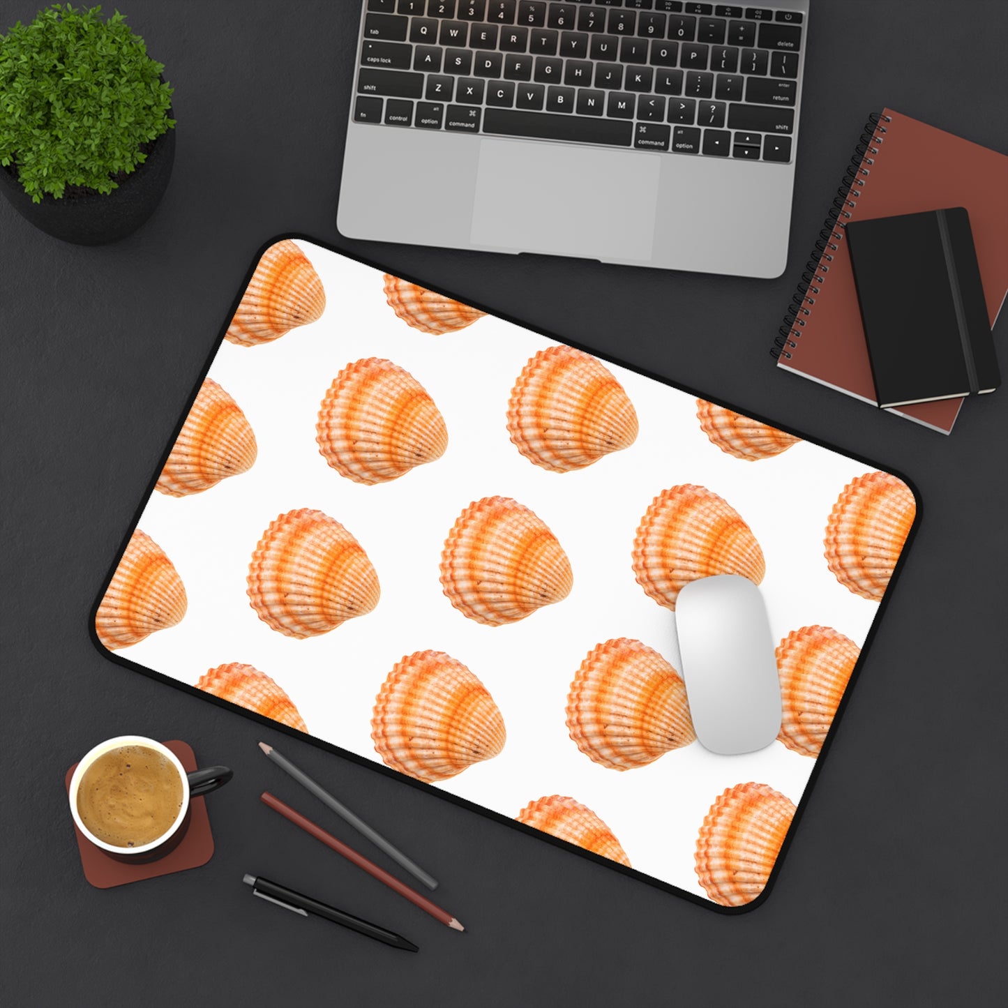 Tropical Mouse Pad/Desk Mat, 3 Sizes - Seashell Design, Perfect for Home Office / Orange Scallop, White