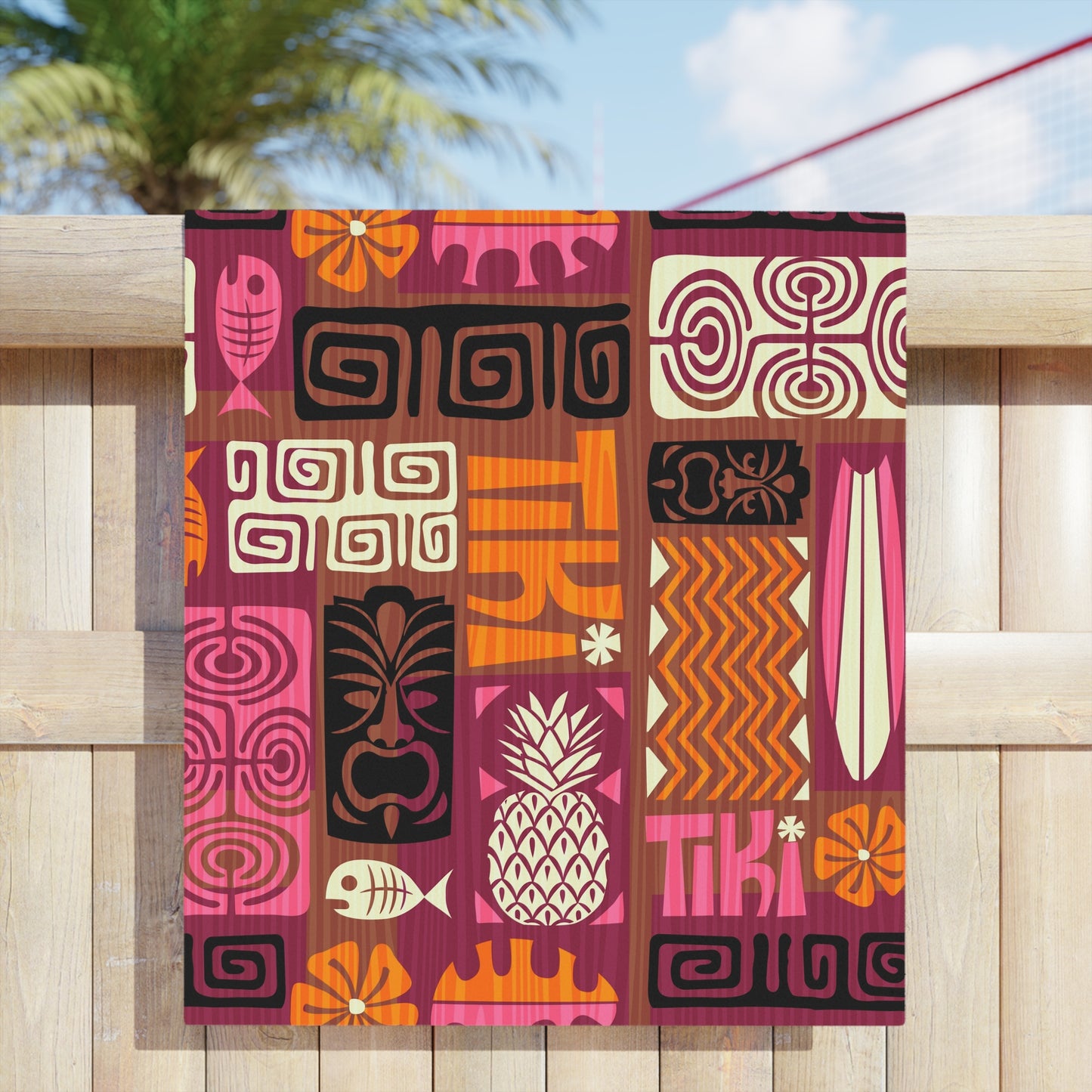 Vibrant Summer Beach Towels, 3 sizes – Tropical Print for Sun Lovers / Tiki Poster Pink/Orange design