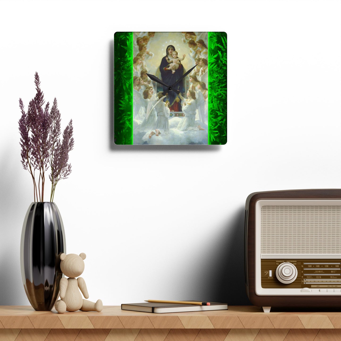 "Tropical Glow Our Lady Mary With Angels" Acrylic Wall Clock - Elegant Religious Decor for Home and Office