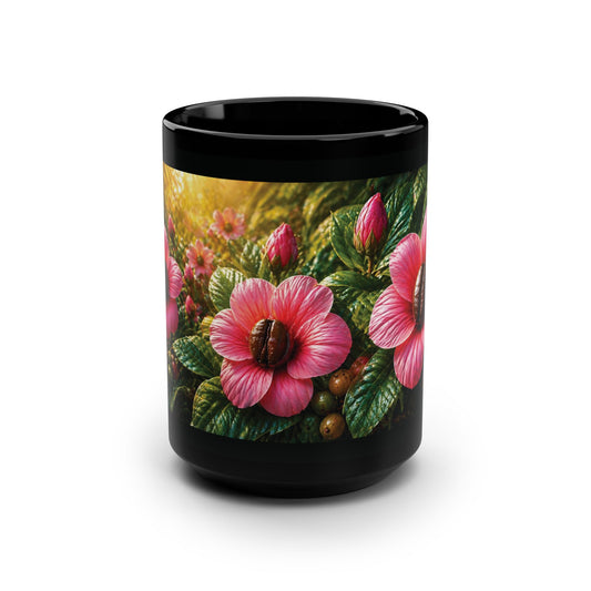 15oz Black Mug — Coffee Bean Blossom Floral Ceramic Mug