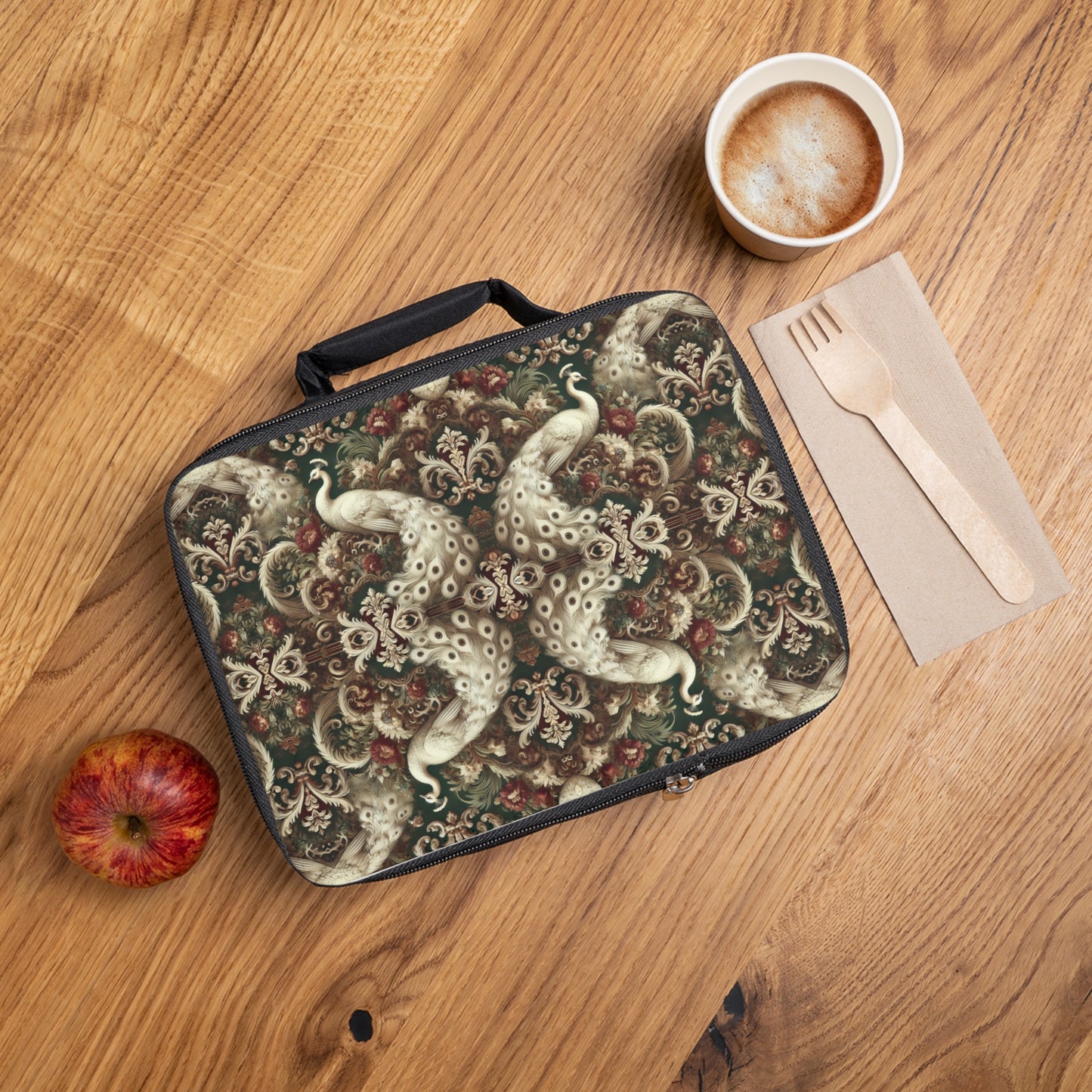 Kaleido White Peacocks Royals Lunch Bag - Eco-Friendly Insulated Tote, Adult and Child Lunchbox / Perfect for Picnics, Beach Outings