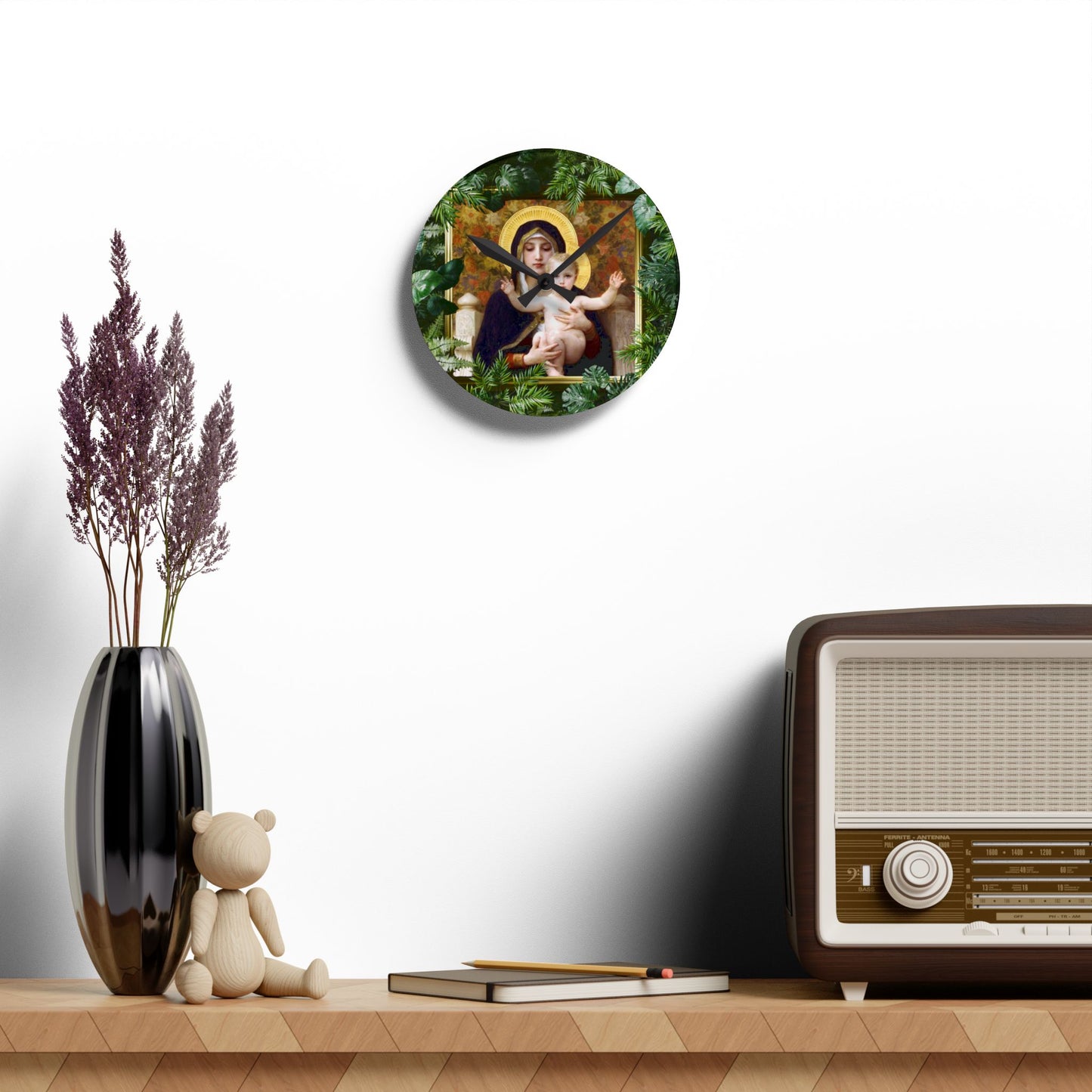 "Tropical Rainforest Madonna of Lilies" Acrylic Wall Clock - Elegant Religious Decor for Home and Office