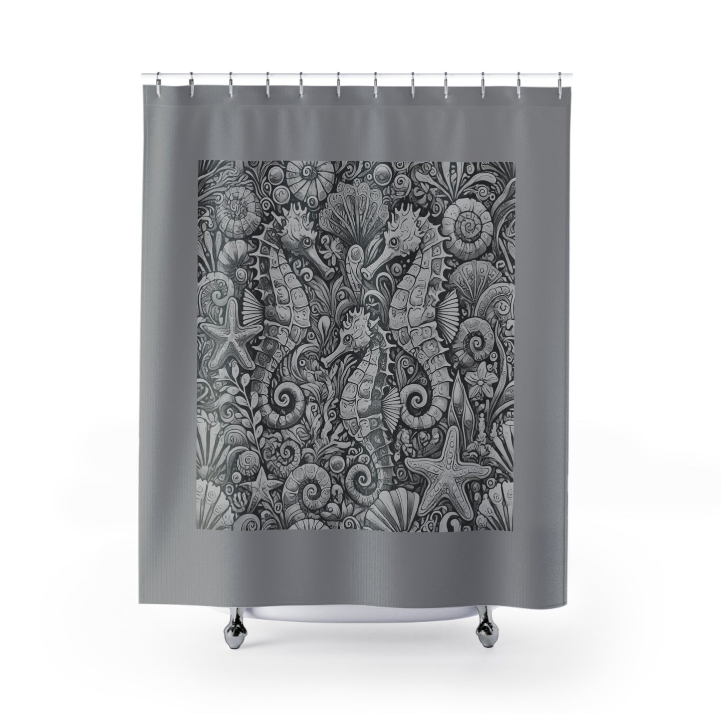 Tropical Shower Curtain - Ocean Bathroom Decor / Seahorse Trio Noir/Grey