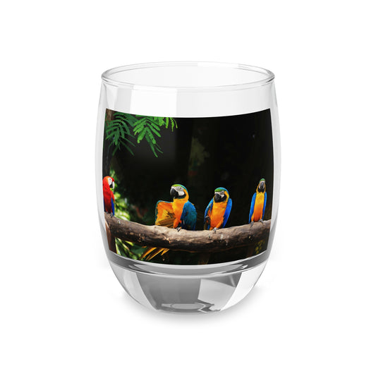 Whiskey Glass, Four Tropical Parrots