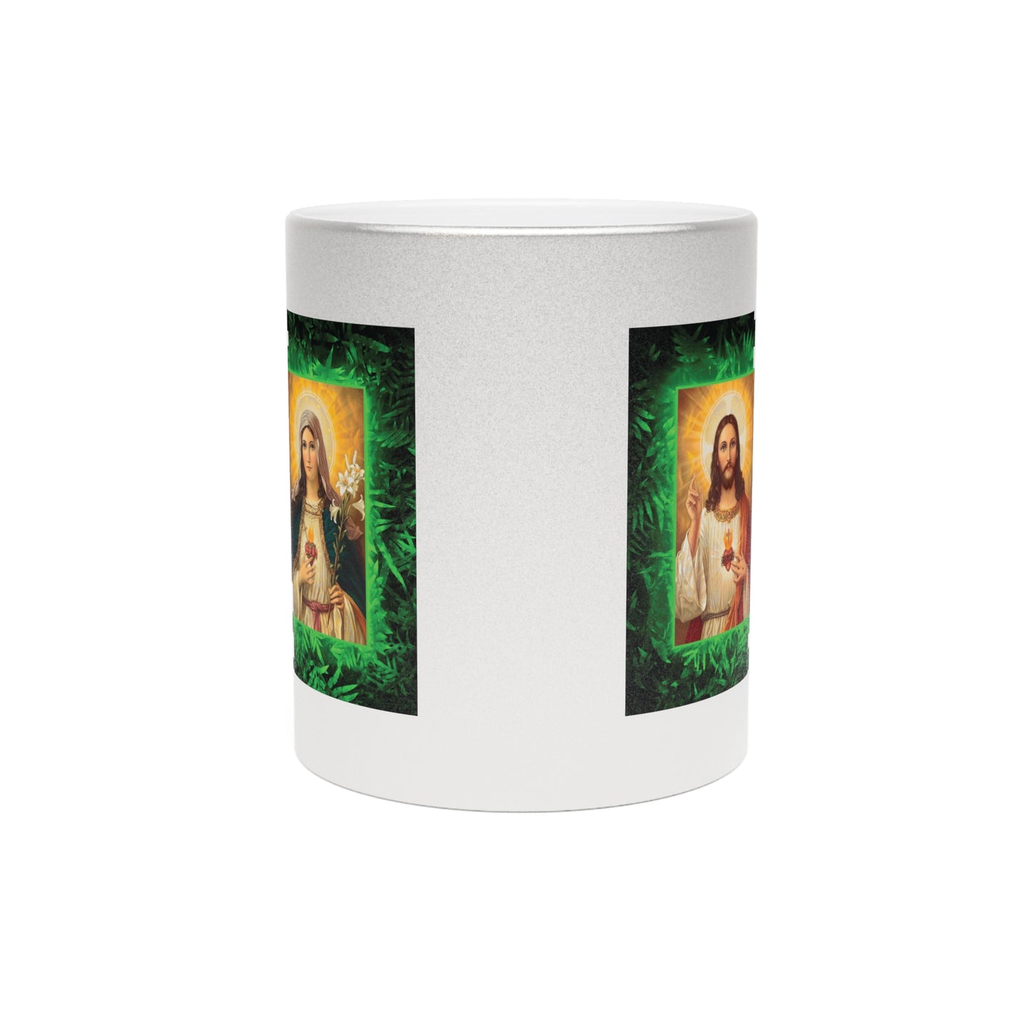 Religious Metallic Mug, Gold or Silver - "Tropical Glow Jesus and Mary"