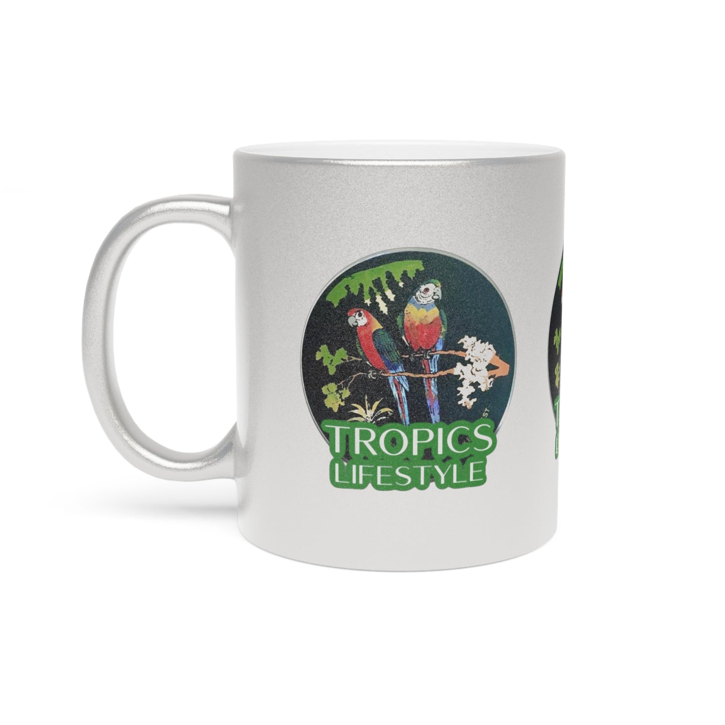 Colorful Tropical Metallic Mug, Gold or Silver - Two Brazilian Parrots