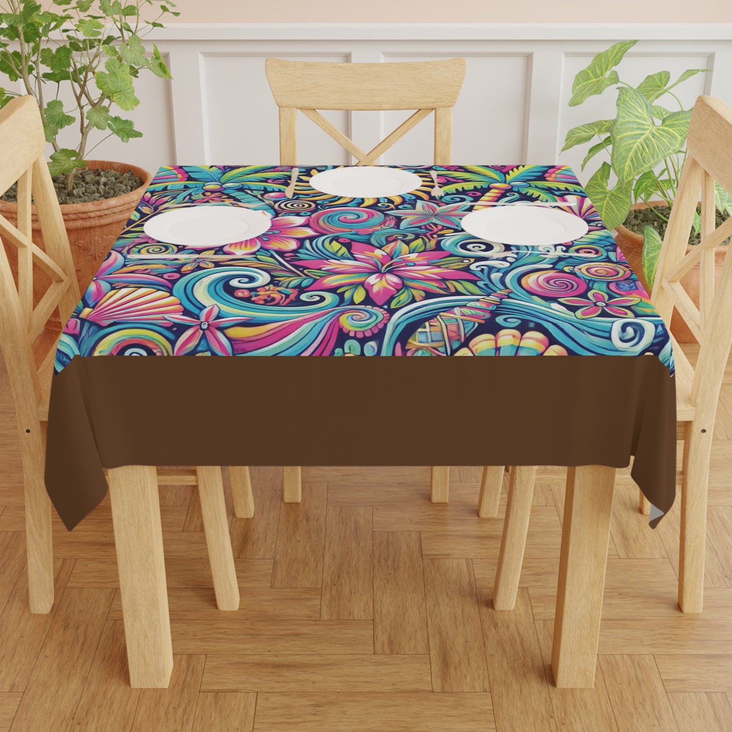 Happy Tropics/Brown ~ Square Tablecloth, 55" x 55"