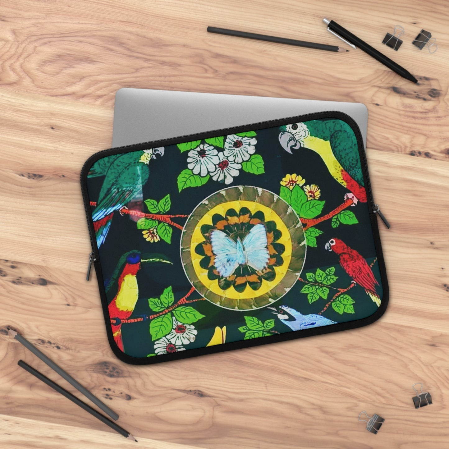 Tropical Laptop Sleeve, 5 Sizes - Perfect for Beach Lovers & Students / Parrots & Real Butterfly Wings Art
