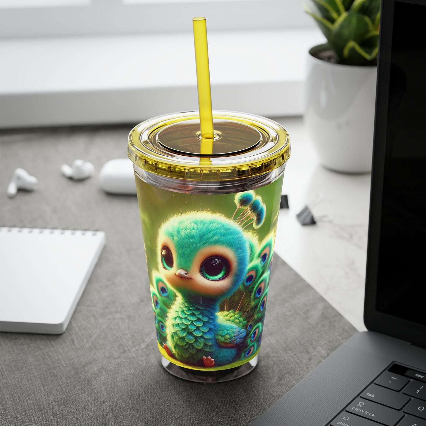 Tropical Tumbler with Straw | 16oz Colorful Travel Cup / Baby Peacock