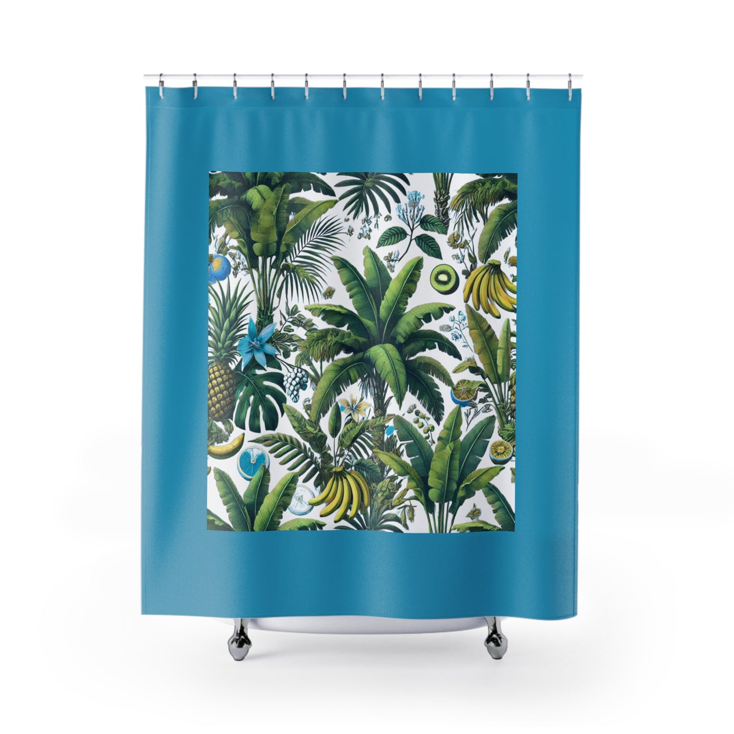 Palm Tree Shower Curtain - Ocean Bathroom Decor / Tropical Fruit/White, Turquoise