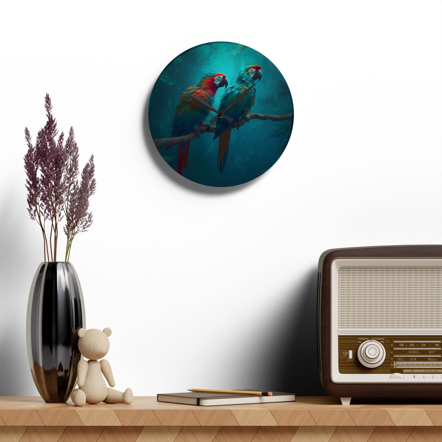 Acrylic Wall Clock, Parrot Friends