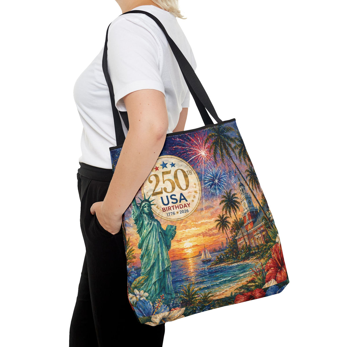 Tote Bag — 250th USA Birthday Patriotic Beach Tote with Statue of Liberty & Fireworks