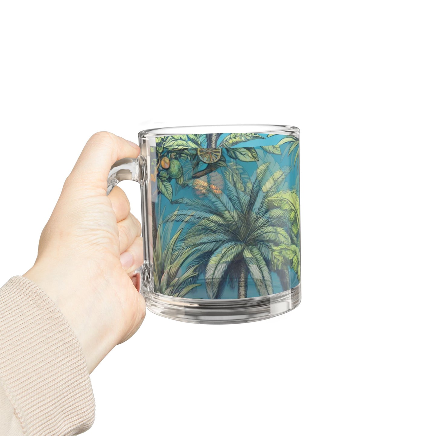 Tropical Glass Mug - 10oz Coffee Cup / Tropical Fruit Blue