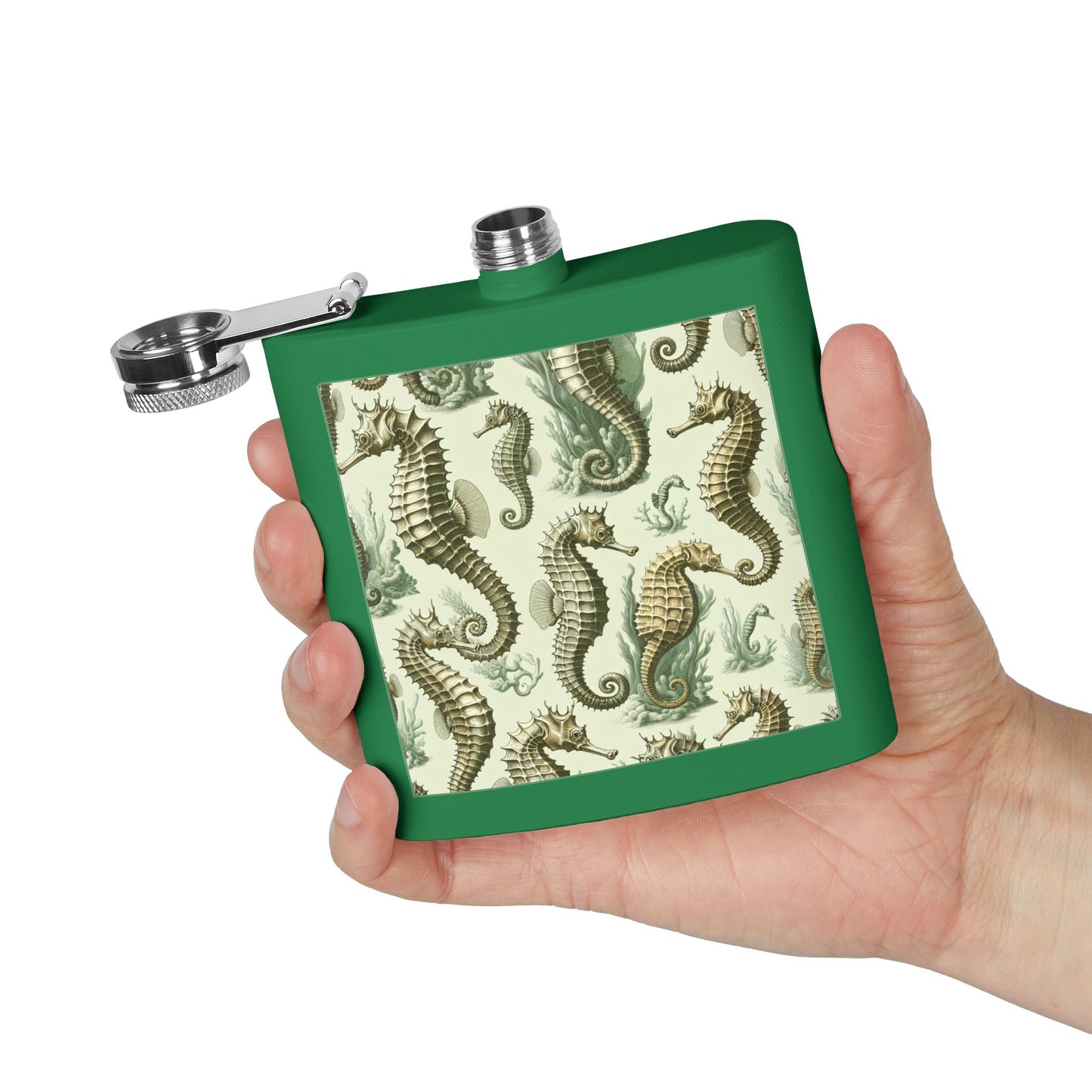 Tropical Stainless Steel 6 oz. Flask, Many Colors  – Green Toile Seahorses