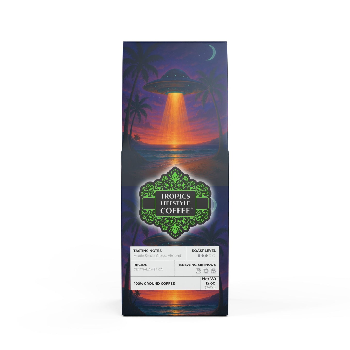 Palm Harvest Blend™ (Medium Roast) Specialty Grade Craft Coffee / Beach UFO at Night